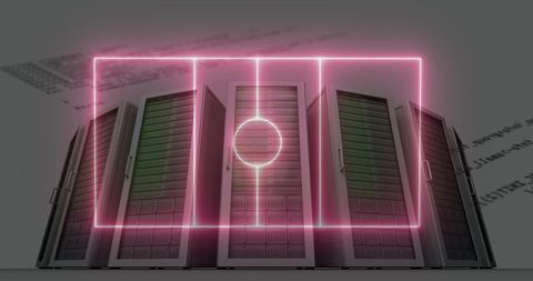 Futuristic data servers with neon pink overlay in modern data center