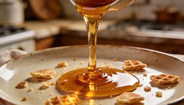Pouring amber syrup over mini waffles on speckled ceramic plate closeup
