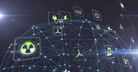 Futuristic Wireframe Globe with Renewable Energy Icons