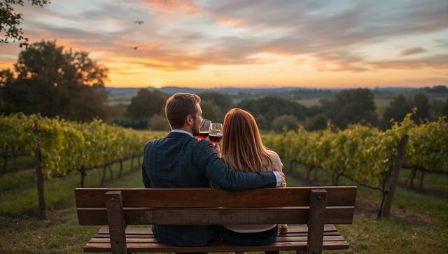 Couple sharing red wine on bench at vineyard during golden sunset overlooking fields