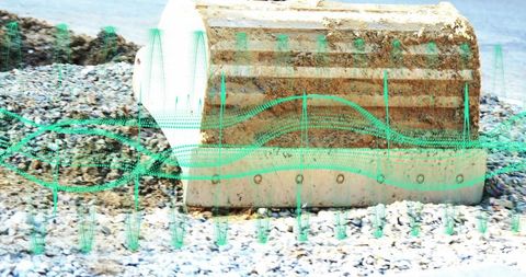 Overturned dinghy resting on pebble shore with algae-stained hull, rivets and teal overlay