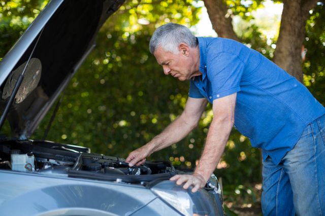 Senior man checking car engine outdoors, appearing concerned. Ideal for use in content related to car maintenance, roadside assistance, mechanical issues, and senior independence. Can be used in articles, blogs, and advertisements focusing on vehicle care and emergency preparedness.