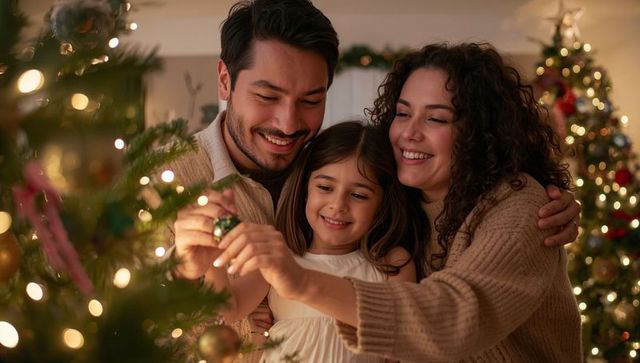 Smiling family decorating christmas tree with warm lights and knit sweaters, cozy holiday moment