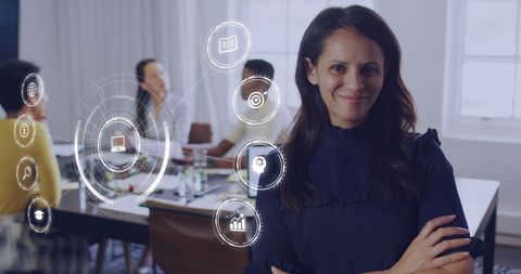 Confident Businesswoman with Digital Interface in Modern Office Setting