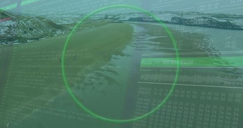 Futuristic Digital Encryption Interface Over Scenic Beach