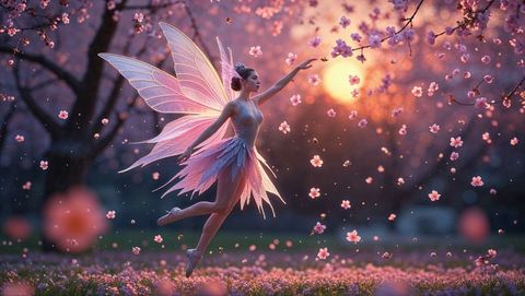 Ethereal Fairy Dancing Among Blossoms at Sunset