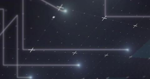 Glowing Network Lines Connecting Luminous Nodes with Cross Markers on Dark Futuristic Grid