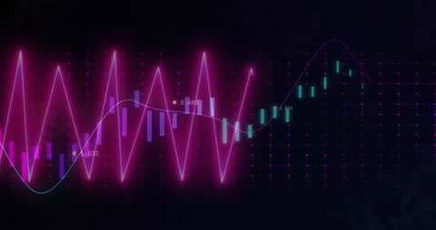 Futuristic Neon Waveform and Bar Graph on Digital Grid