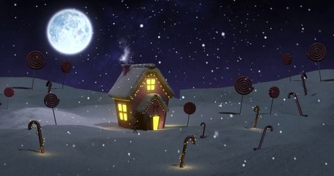Christmas Cottage in Snowy Night with Candy Canes and Lollipops