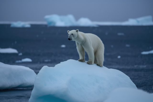 Polar bear standing on an iceberg amid Arctic ocean. Highlights wildlife and climate change. Suitable for conservation projects, environmental campaigns, nature documentaries, and educational materials.