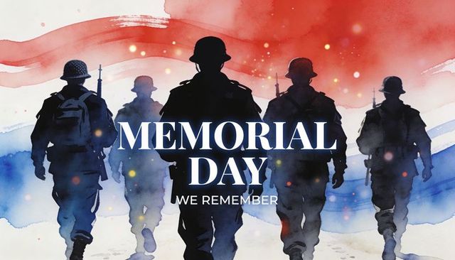 Memorial day tribute marching soldier silhouettes over red white blue watercolor flag