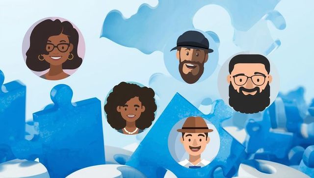 Diverse user avatars floating over digital puzzle