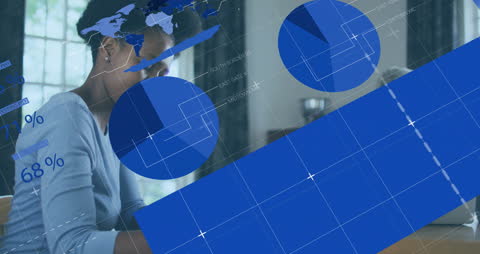 Woman Analyzing Data with Global Financial Interface Overlay