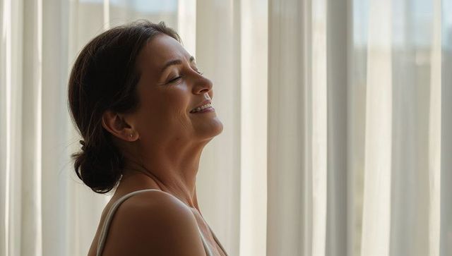 Smiling mature woman tilting head in sunlit bedroom with sheer curtains and calm expression