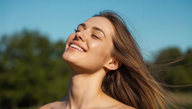 Sunlit carefree woman smiling with eyes closed feeling breeze outdoors serene portrait