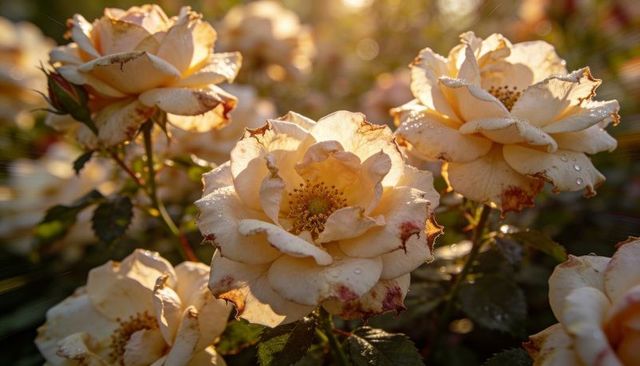 Backlit cream-peach roses blooming with dewdrops and warm golden bokeh, closeup macro