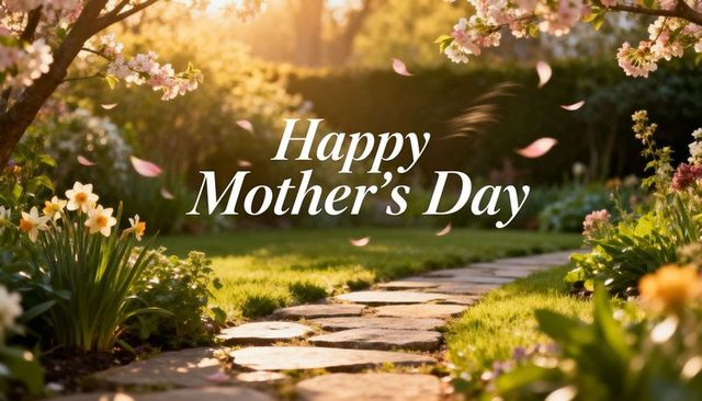 Sunlit spring garden path with cherry blossoms and happy mother's day greeting