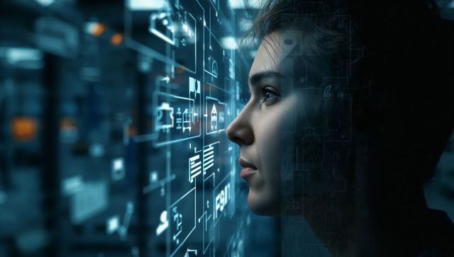 Woman Analyzing Holographic Cybersecurity Interface Inside Data Center Racks, Futuristic AI Display