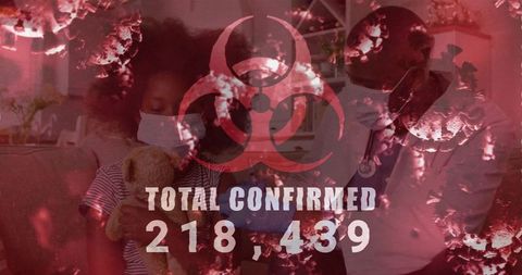 Biohazard pandemic alert showing masked child and doctor home visit, confirmed 218,439