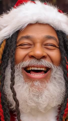 Laughing Santa with Dreadlocks and White Beard Closeup Vertical Video for Holiday Content
