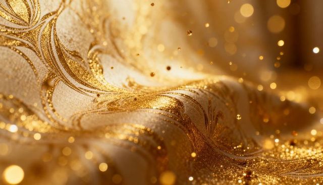 Shimmering gold baroque textile close-up with glittering threads and luxurious embroidery