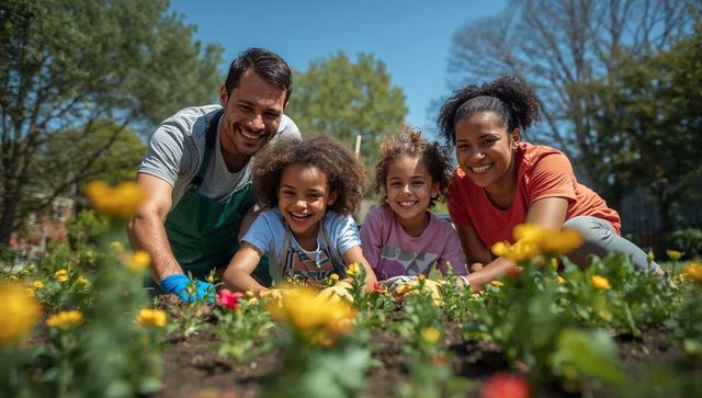Family enjoying gardening in vibrant blooming garden