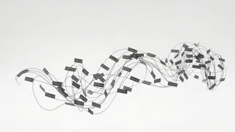 Shifting kinetic wire sculpture with suspended rectangular panels undulating in studio