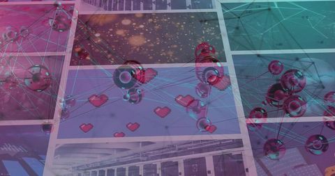 Glowing network of glossy orbs and pixel hearts over digital tile grid in magenta cyan