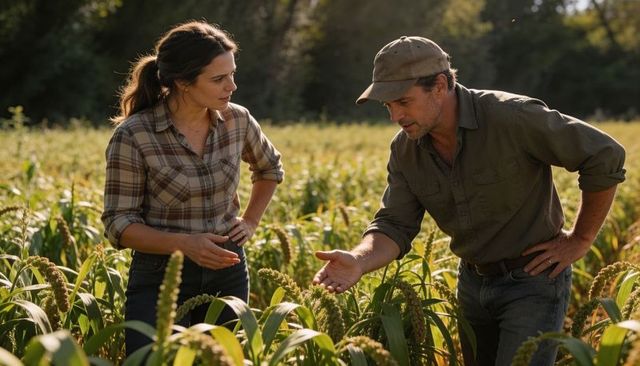 Farmers inspecting grain crop discussing seed heads and crop health in field