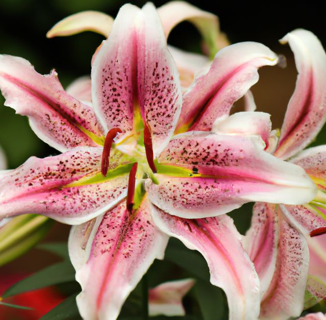 Vibrant pink and white lily in garden, detailed view of petals and stamen. Ideal for gardening websites, floral blogs, botanical illustrations, nature photography collections, flower shop advertisements, and decor inspirations.
