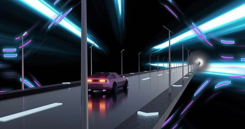 Driving purple sports car toward neon portal on futuristic glossy cyberpunk highway