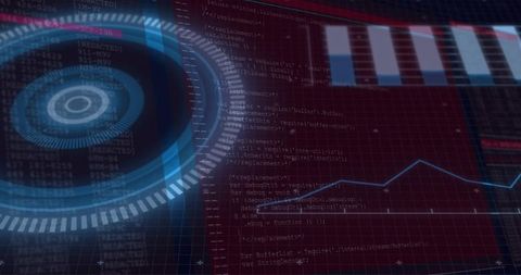 Futuristic HUD displaying holographic radial interface with code overlay and analytics