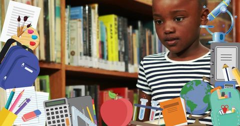 Young African American Girl Reading with School Supplies Graphics