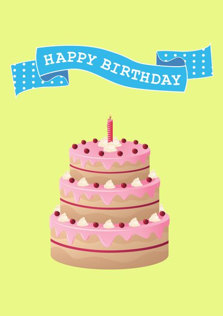 Whimsical birthday cake illustration with a lit candle and a 'Happy Birthday' banner, ideal for use in birthday invitations, greeting cards, party decorations, and promotional materials for birthday-related events. This playful and colorful design adds a fun and cheerful touch to any celebration.