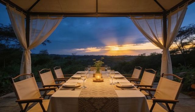 Sunset dinner on canopy terrace with long table for eight overlooking scenic landscape