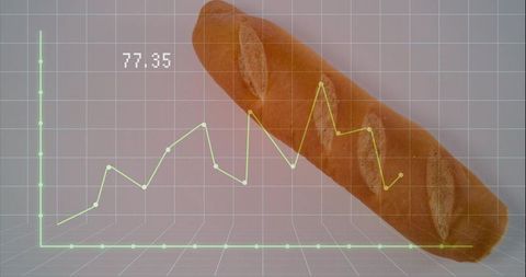 Long baguette on neon 3d grid showing bakery sales trend, branding and minimalist concept