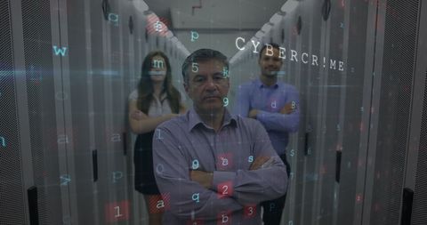 It engineers standing in server room with cybercrime effect