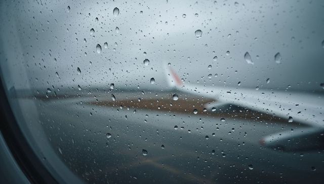 Rain-speckled airplane window framing blurred wing over wet tarmac under moody overcast