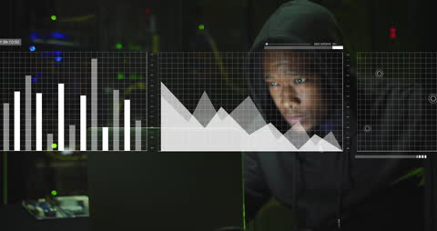 Hacker Analyzing Financial Data in Dark Room with Graphs