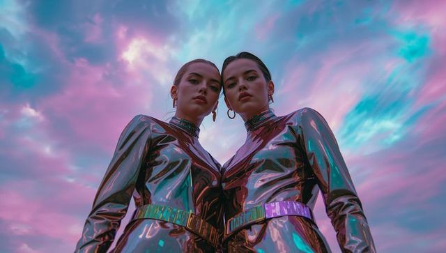 Futuristic Fashion Models Under Vibrant Dusk Sky