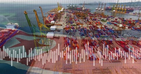 North korean flag overlaid on busy asian port with data charts