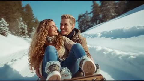 Joyful Couple Hugged Cozy During Exciting Sled Ride