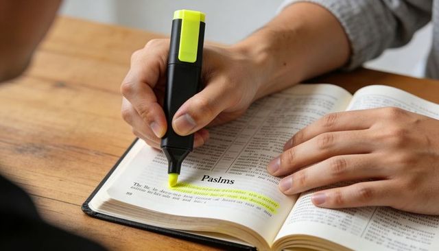 Hands highlighting psalms with yellow highlighter during quiet scripture study
