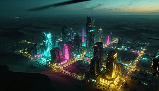 Neon desert metropolis glowing at dusk from helicopter view with futuristic skyline
