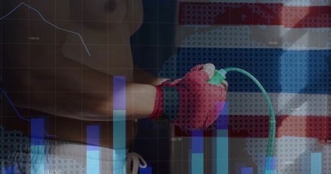 Shirtless athlete gripping resistance cord with red hand wrap and data analytics overlay