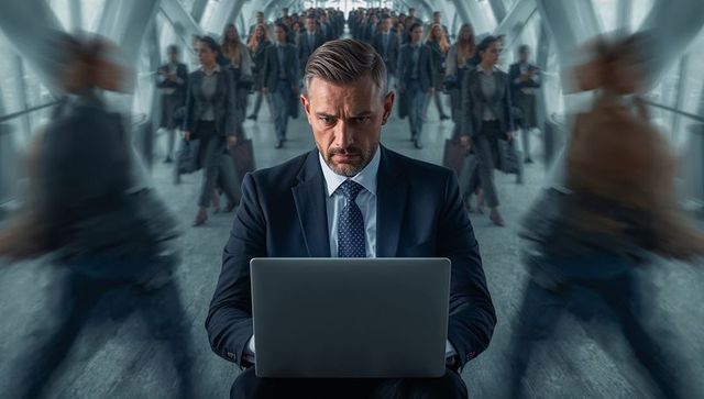 Focused Businessman Working on Laptop in Modern Corridor