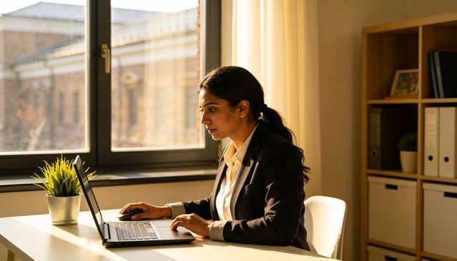 Businesswoman typing on laptop in sunlit modern office near window, focused professional
