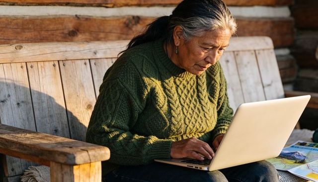 Senior woman typing on laptop on rustic cabin porch bench while planning travel with maps