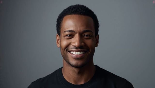 Smiling confident man making direct eye contact studio headshot wearing black crewneck