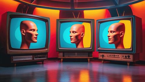 Artistic installation of mannequin profiles on retro tvs, talking heads concept